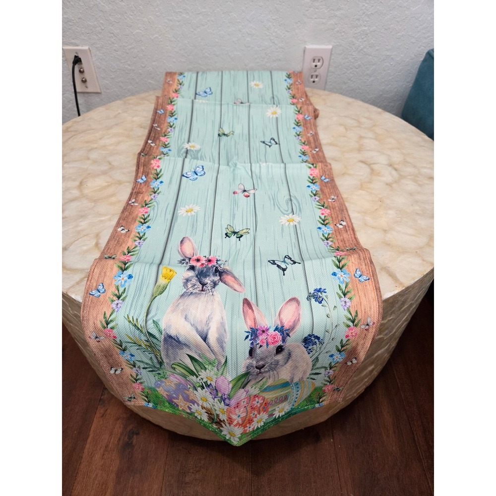 Happy Easter Table Runner 13x108 Bunny Floral Wood Grain Blue Spring Decor NEW
